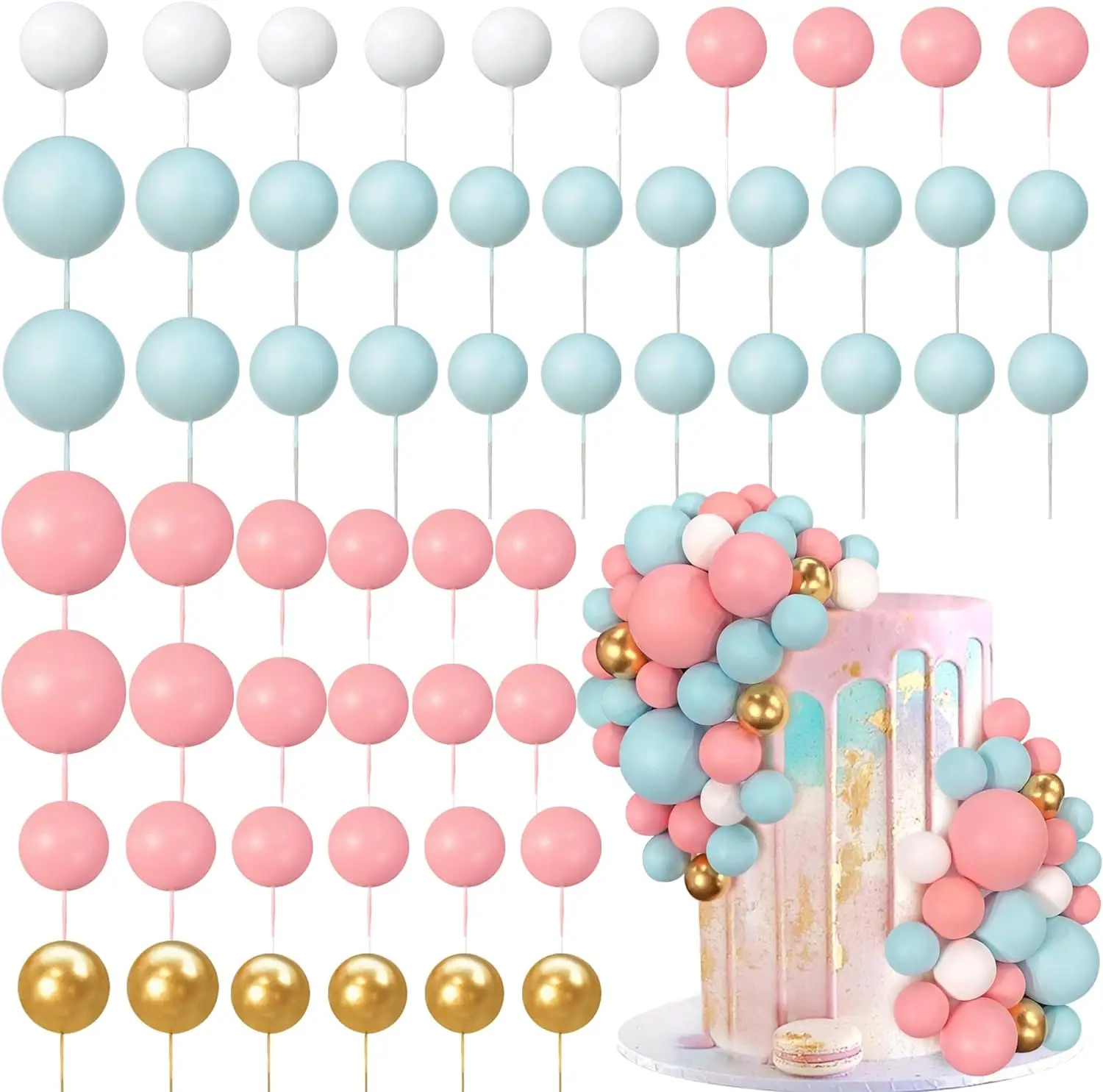 56PCS Ball Cake Picks Blue Pink Ball Shaped Cake Topper Pearl Balls Cupcake Cake Insert Topper for Birthday Party Wedding Decor