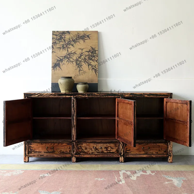 Chinese antique old three-door cabinet solid wood porch dining side cabinet retro wabi sandy wind