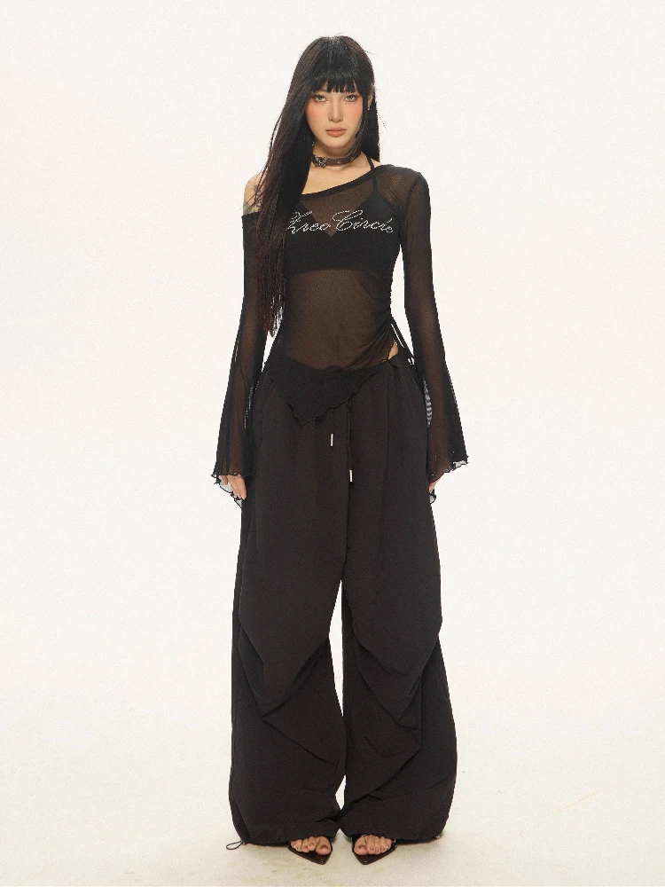 

Женская облегающая футболка Wild Zero Sexy с длинным рукавом, украшенная стразами и кружевом, в уличном спортивном стиле, повседневная