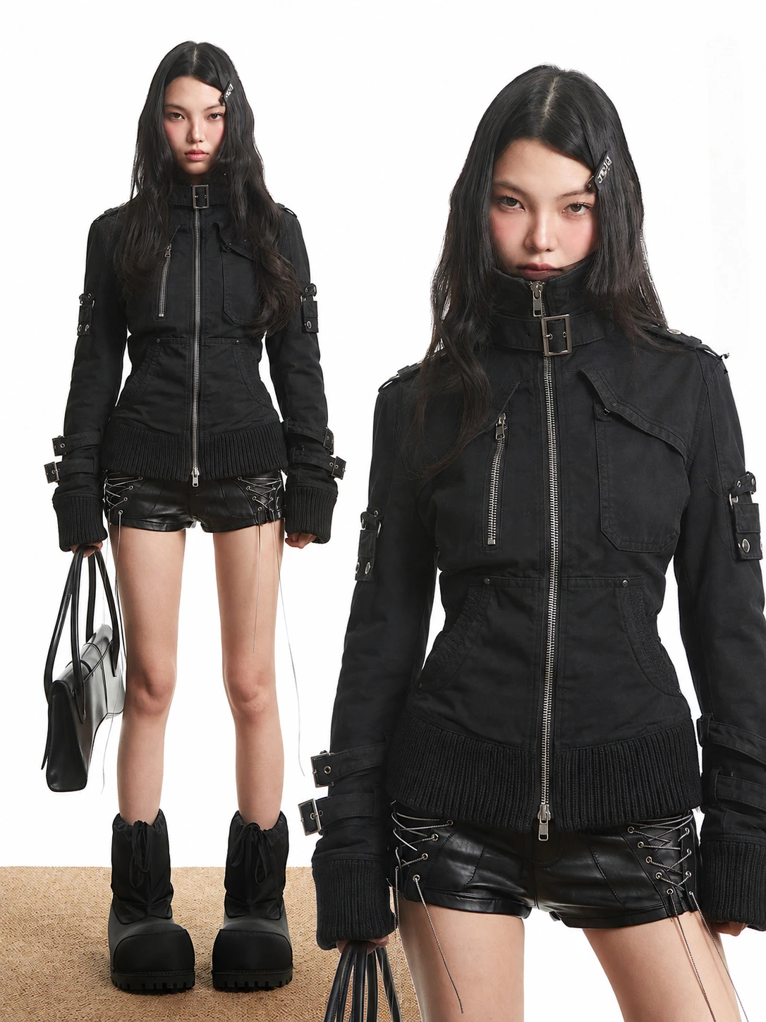 2026 New Punk Black Zipper Hooded Safari Coat Women American Retro Stand Collar Sweatshirt Y2k Grunge Street Outer Jackets