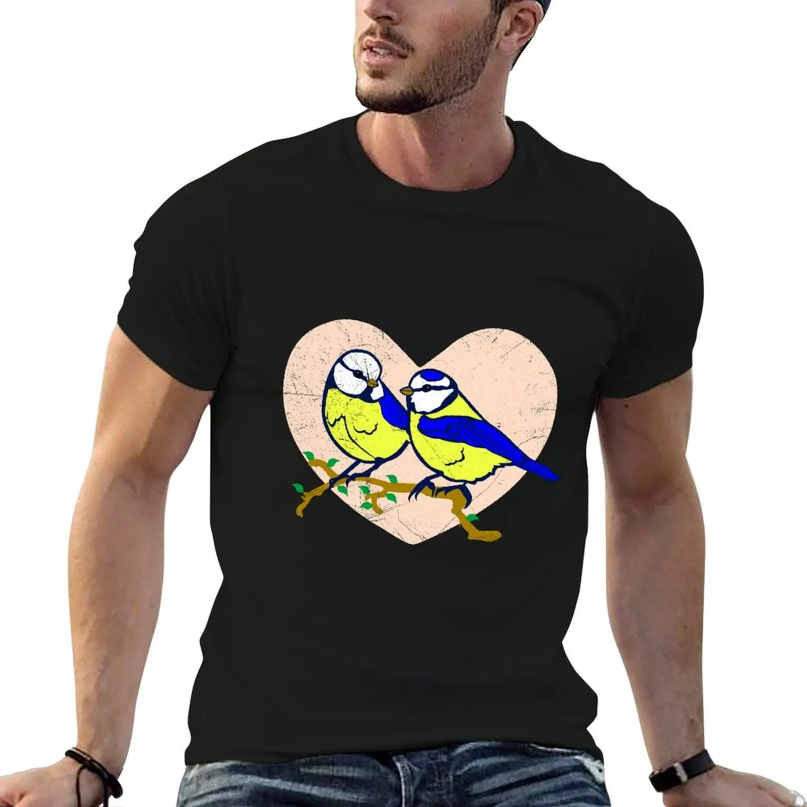 Two Eurasian Blue Tits In Love Spring Bird Lover T-Shirt cotton graphic tees Blouse mens clothes