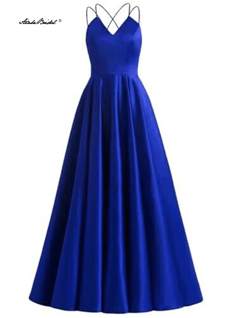 

Classical Simple A Line Evening Dress Floor Length Spaghetti Strap Prom Dresses with Pockets Wedding Skirt