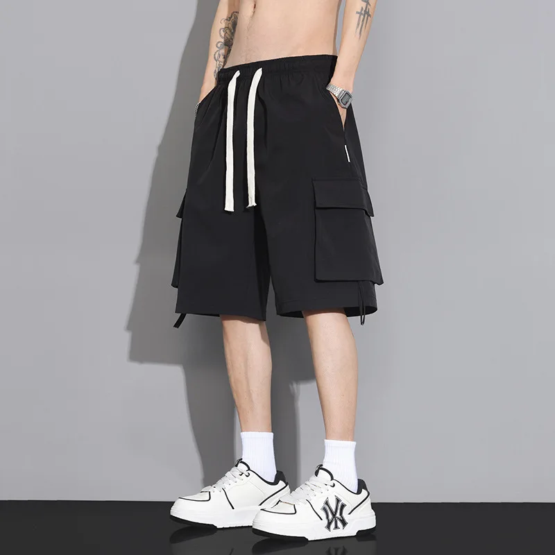 

KIDWHXR Summer Men Shorts Thin Breathable Solid Color Male Knee-length Pant Loose Drawstring Pocket Sport Casual Man Shorts