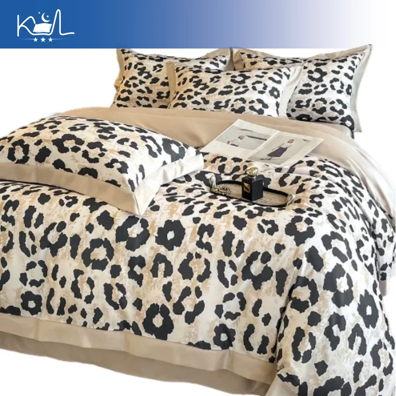 Leopard Print Ice Silk 4 Piece Bedding Set, Summer Cooling Fitted Sheet with Pillowcases, Breathable Tencel Duvet Cover