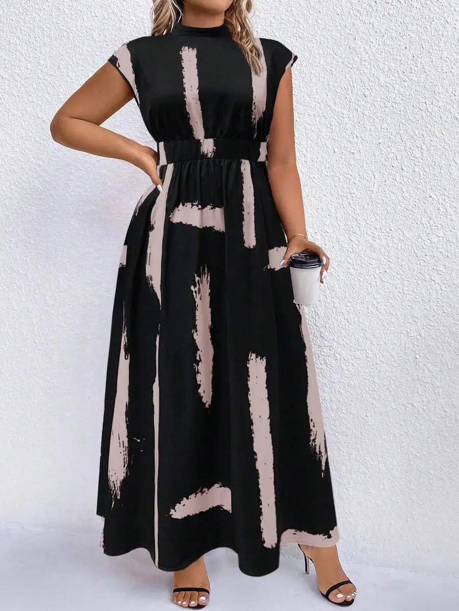 

Plus Size Abstract Brushstroke Print Mock Neck Maxi Dress Women Casual Outfit