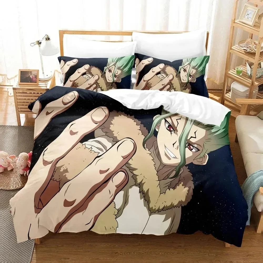 Set tempat tidur Anime Dr.Stone Senku baru dicetak 3D anak laki-laki Perempuan ukuran Ratu kembar penutup sarung bantal tempat tidur anak-anak dewasa tekstil rumah