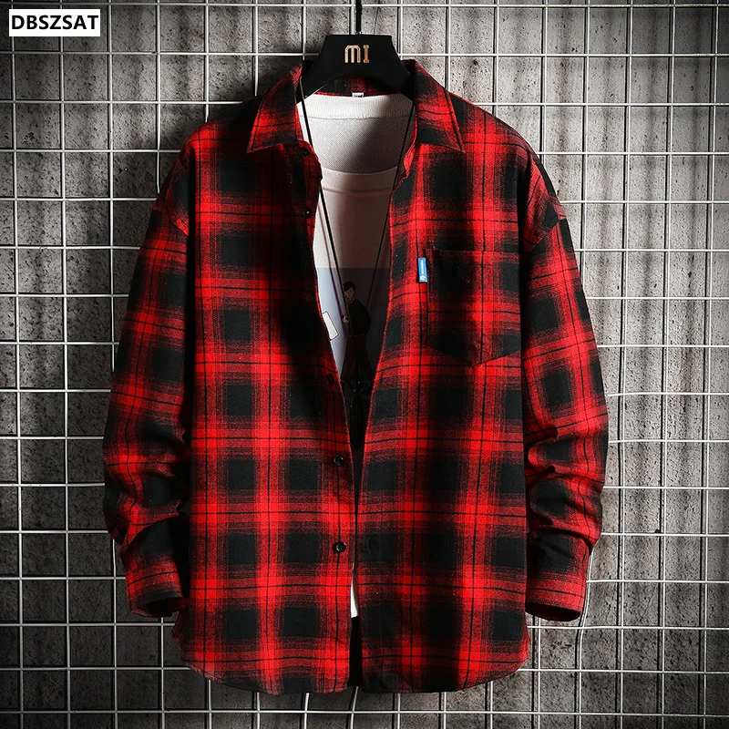 Men's Oversize Plaid Shirt Husband Button Up Red Men Casual Long Sleeve Classic Vintage Plus Size Clothing Large 5XL Shirt Male