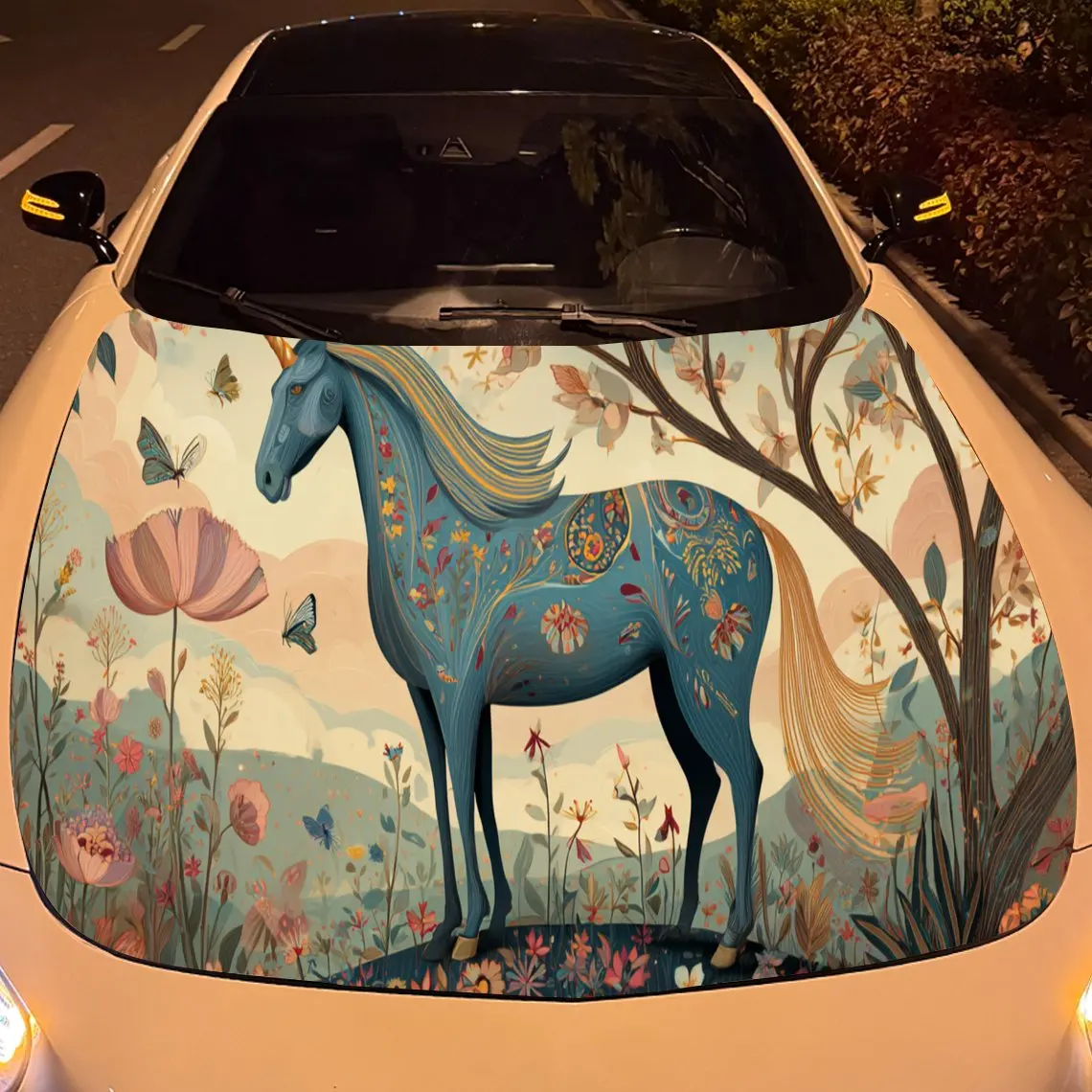 ملصقات غطاء السيارة الفنية على شكل حصان زهري - لفافة فينيل ذاتية اللصق ومقاومة للماء ومتينة، تزيين وتحمي سيارتك، تناسب F