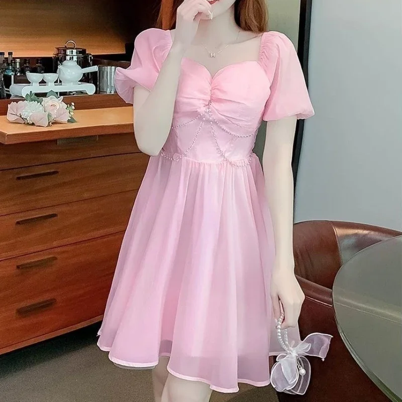 Fata Midi Abito femminile carino Manica corta Abiti da donna Kawaii Rosa Chic ed elegante Abiti graziosi Y2k Nuove caratteristiche di curvy