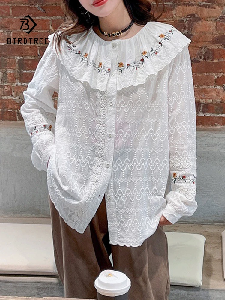 

New Summer Cotton Long Sleeve Shirt, Women Peter Pan Collar Embroidery Tops, Mori Girl Casual Sweet Loose Blouses, Fall T47839QC