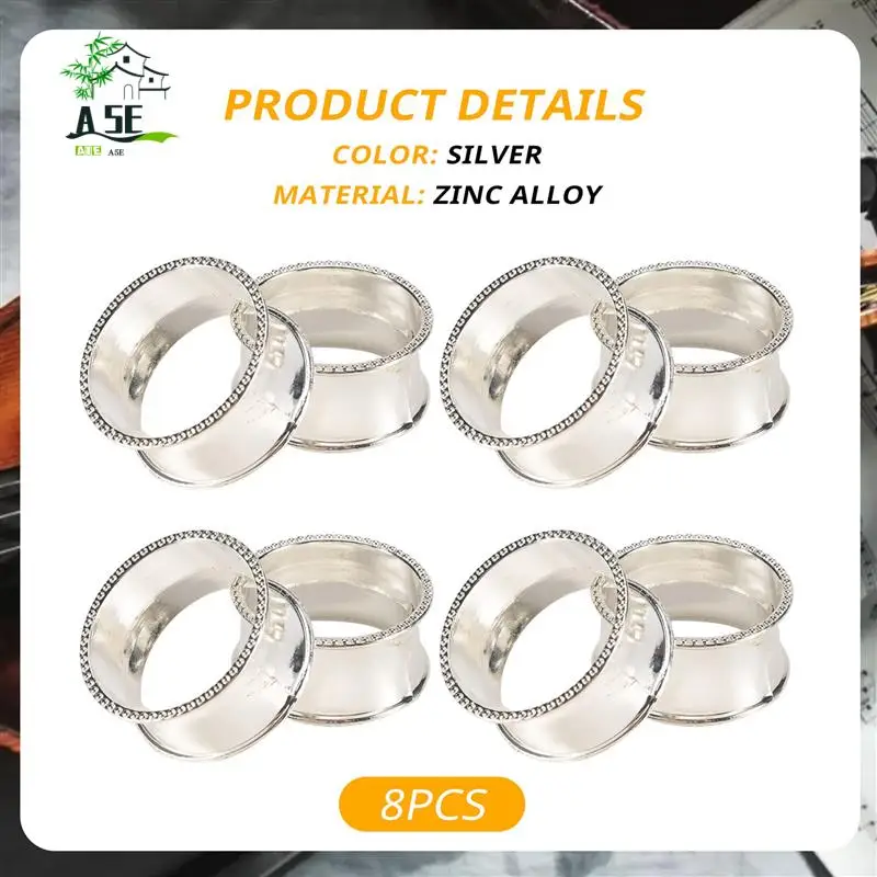 

A05E-8 Pieces Of Zinc Alloy Beaded Napkin Ring Delicate Napkin Buckle (Silver)
