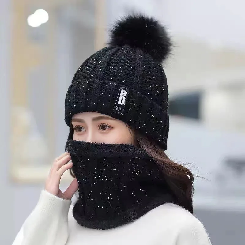 Winter Knitted Scarf Hat Set Thick Warm Skullies Beanies Hats for Women Solid Outdoor Snow Riding Ski Bonnet Caps Girl