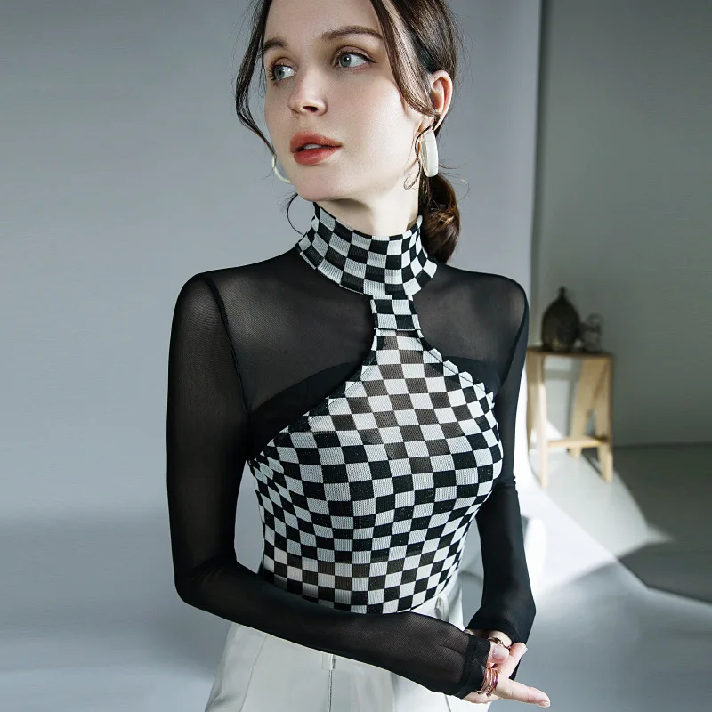 

Black and White Plaid Stitching Long-sleeved T-shirt Autumn and Winter New Bottoming Shirt Sexy Perspective Stretch Mesh Y2k Top