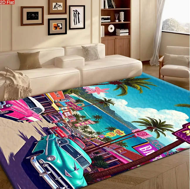 Retro 50s Coastal Beach Vintage Car Street Scene carpet flooring, Tropical Palm Tree Art Area Rug for Living Room Bedroom Home Ornament