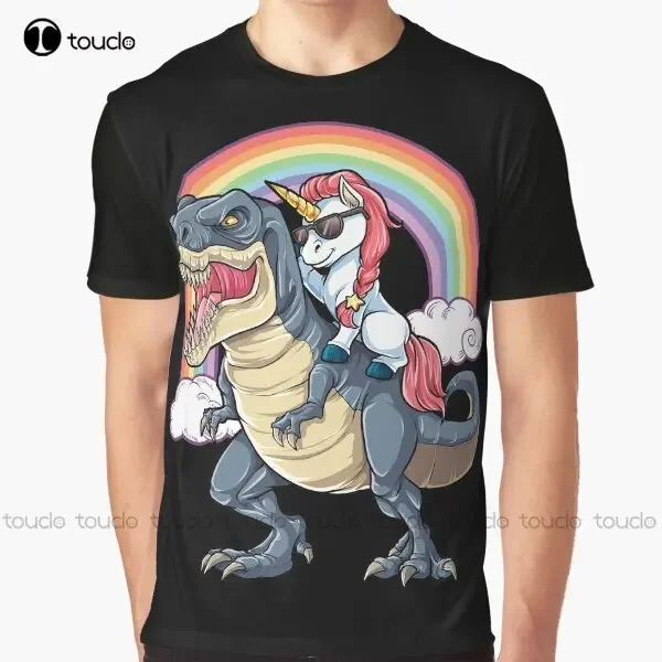 Unicorn Riding Dinosaur T Shirt T-Rex Funny Unicorns Party Rainbow Squad Gifts For Kids Boys Girls Graphic T-Shirt Custom Gift