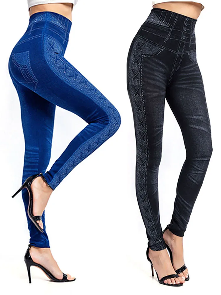 INDJXND Seite Druck Nahtlose Jeggings Push-Up Sport Faux Denim Hohe Taille Leggings Warme Elastische Frauen Hohe Taille Bleistift Hosen