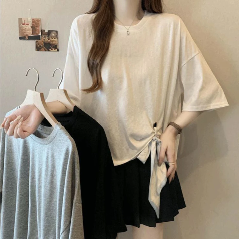 Women Plus Size Irregular Tie Short Sleeve T Shirt 2026 Summer Loose Slim Hide Fat Unique Crew Neck Casual Daily Blouse Tops