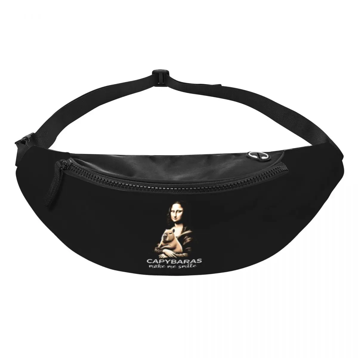 Custom Capybaras Make Me Smile Mona Lisa Holding Cute Capybara Fanny Pack for Men Women Crossbody Waist Bag Phone Money Pouch