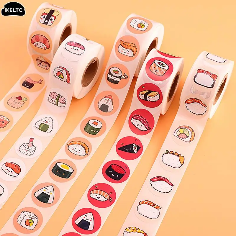 1Roll /500sheets Circular Cartoon Sushi Pattern Sticker Birthday Wedding Decor Sticker Baked Dessert Lunch Box Label Sticker