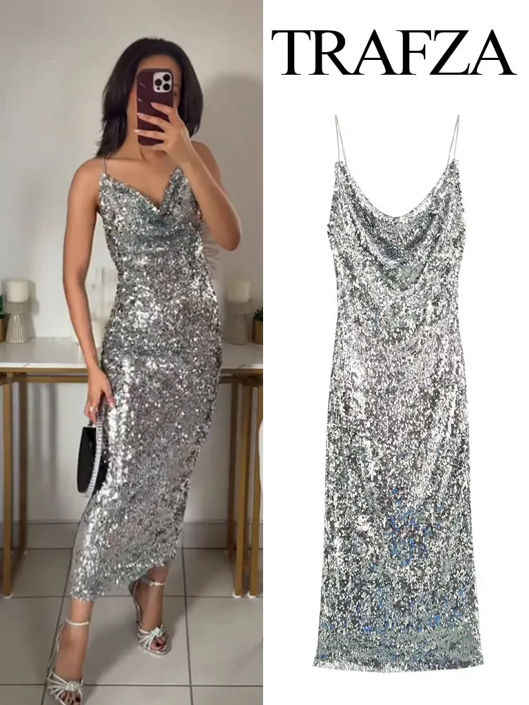 

TRAFZA Women's Sleeveless Backless Midi Dress Female Shiny Sequins Folds Decorate Slim Evening Dress Sexy Summer Fashion Dress
