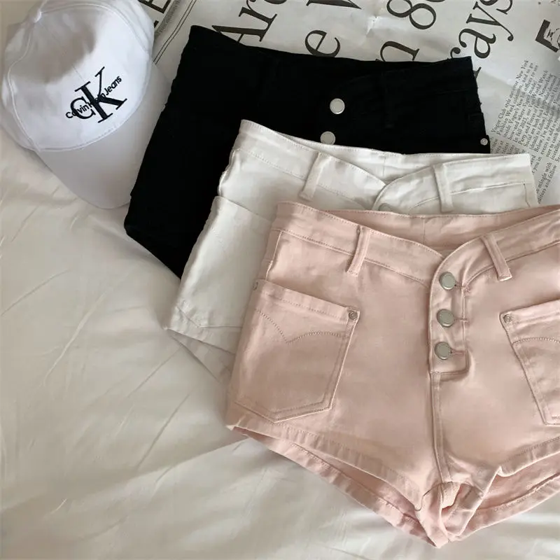 pink denim shorts women's summer new high waist button slim shorts tight hip hot pants