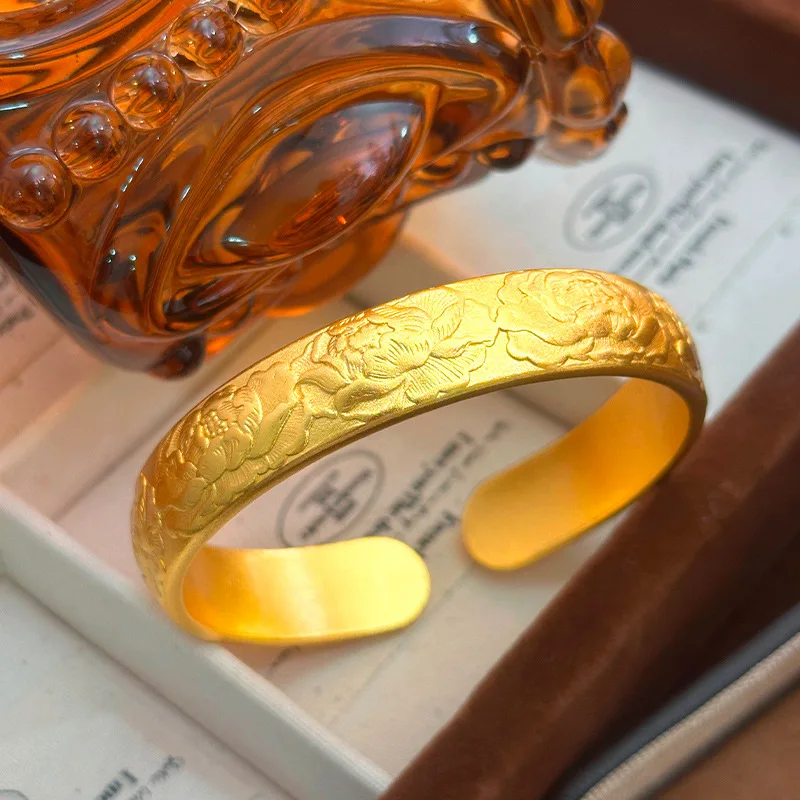 9999 gold New Chinese-style traditional folk-style antique chiseling nine-fortune peony flower open-ended ancient metho bracelet