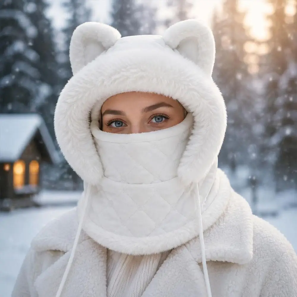Windproof Winter Balaclava Hat Faux Fur Trim Thick Fleece Lining Windproof Balaclava Mask Zipper Closure Full Face Coverage