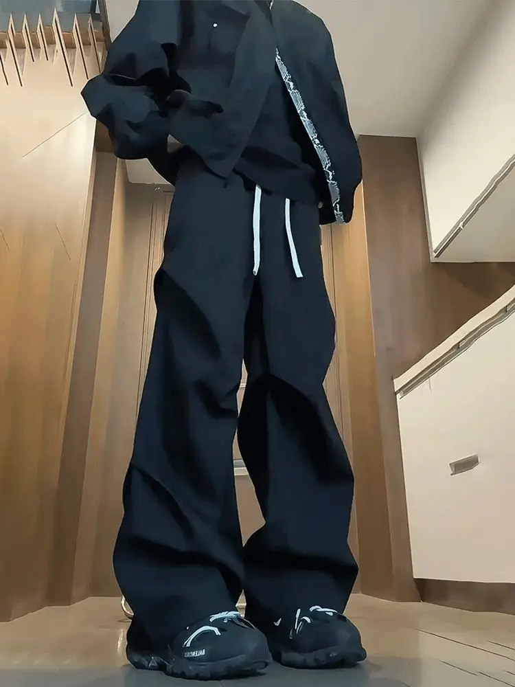 

Черные плиссированные брюки с широкими штанинами и эластичным поясом для мужчин, повседневные, весна-осень, прямой крой, немнущиеся, модный молодежный стиль