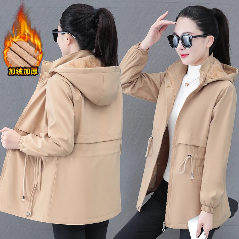 

Thick Fleece-lined Mid-length Windbreaker Winter New Women's Parkas Hooded Commute Trench Coats Velvet Cotton Padded Jackets