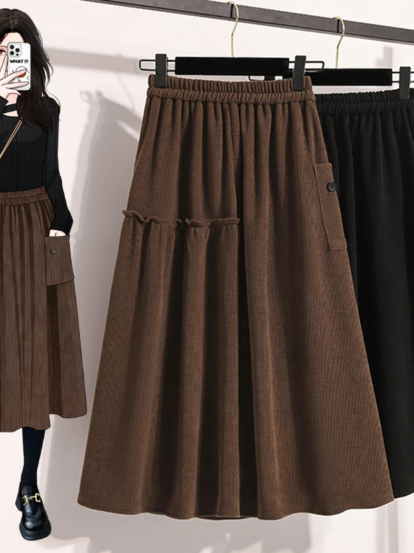 Thickened Knitted A-Line Midi Skirt for plus Size Women Autumn New Style Loose Fit Base Layer Skirt Korean Style Commute