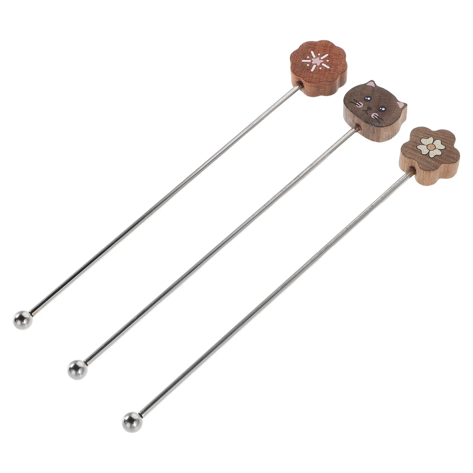 

3pcs Retro Coffee Mixer Stirrers Reusable Stainless Steel Cocktail Drink Swizzle Sticks Espresso Wooden Metal Bar Tools