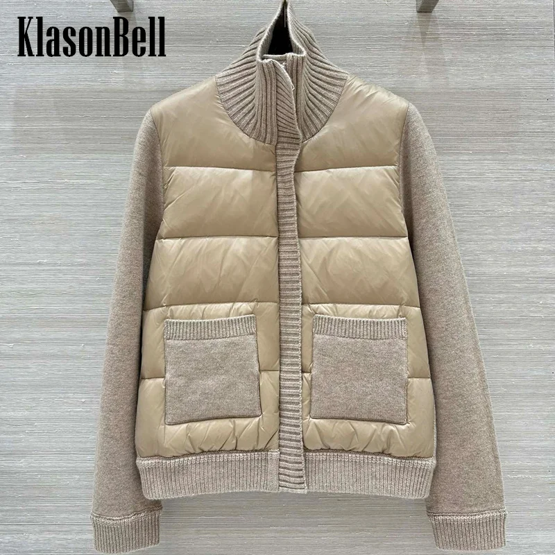 8.26 KlasonBell Women\'s Autumn Winter New Double POcket Knit Spliced Quilted Goose Down Jacket Lapel Stand Collar Zipper Coat