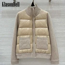 8.26 KlasonBell Women's Autumn Winter New Double POcket Knit Spliced Quilted Goose Down Jacket Lapel Stand Collar Zipper Coat