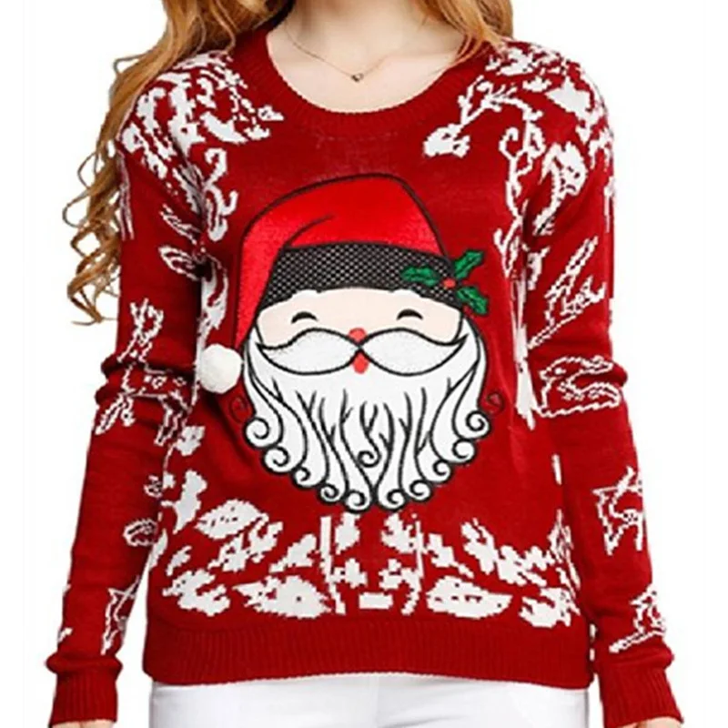 

2025 New Fashion Printed Knitted Sweater Women In Winter Casual Loose Christmas Jacquard Round Neck Long Sleeve Top For Women