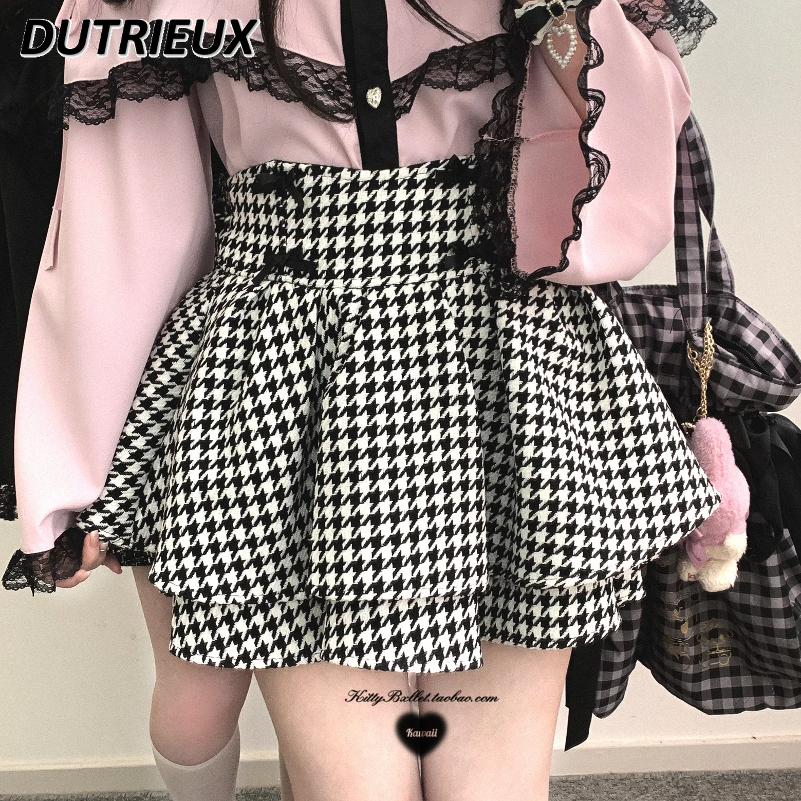 

Japanese Sweet and Cute Girl Houndstooth Bow High-waisted Short Skirt Double-layer Mine Mass-produced Puffy Mini Skirts