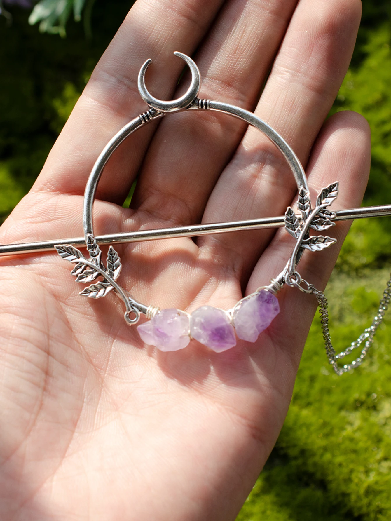 Witch Crescent Moon Leaves Crystal Amethyst Tassels Hairclip Pagan Hairpin Fairy Hairclip for women