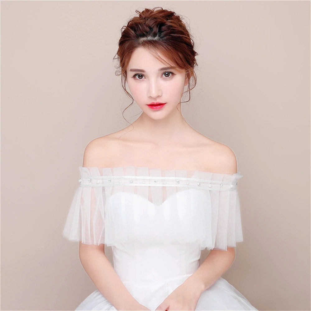 

One-Shoulder Ruffle Tulle Bridal Shawl Pearls Beaded Wedding Capes Bolero Wedding Clothes Wedding Party Attire Accessories