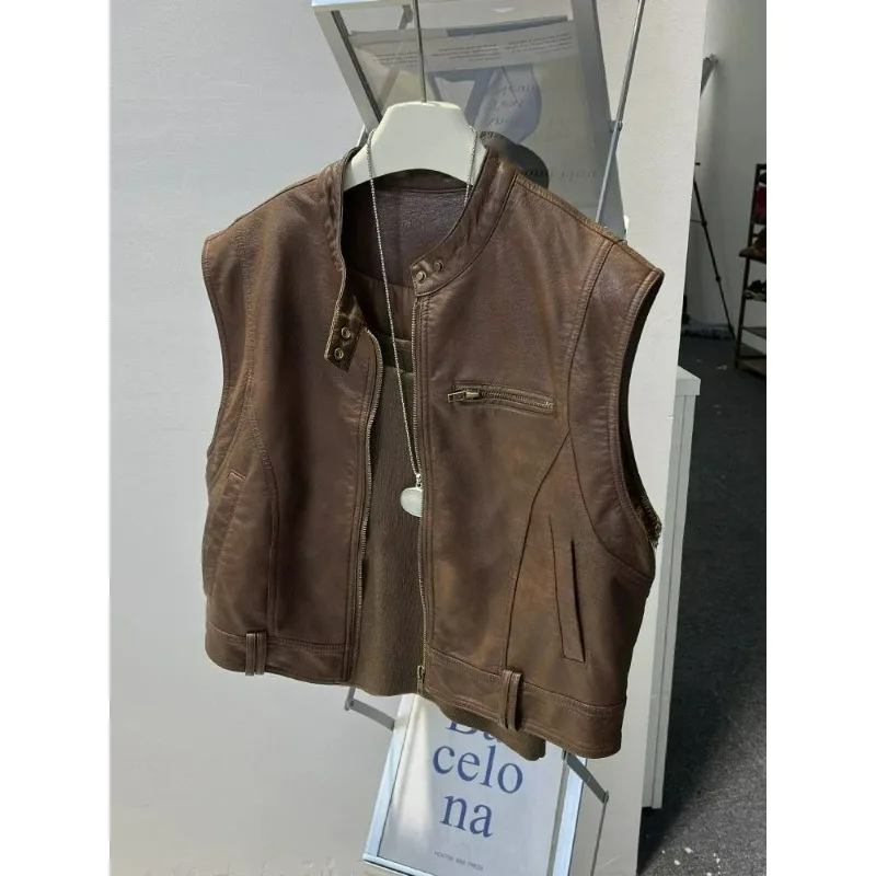 Retro Leather Vest Women Short Spring Collection New Brown Leather Jacket Casual Waistcoat Sleeveless Vest Fashion Women's Wear