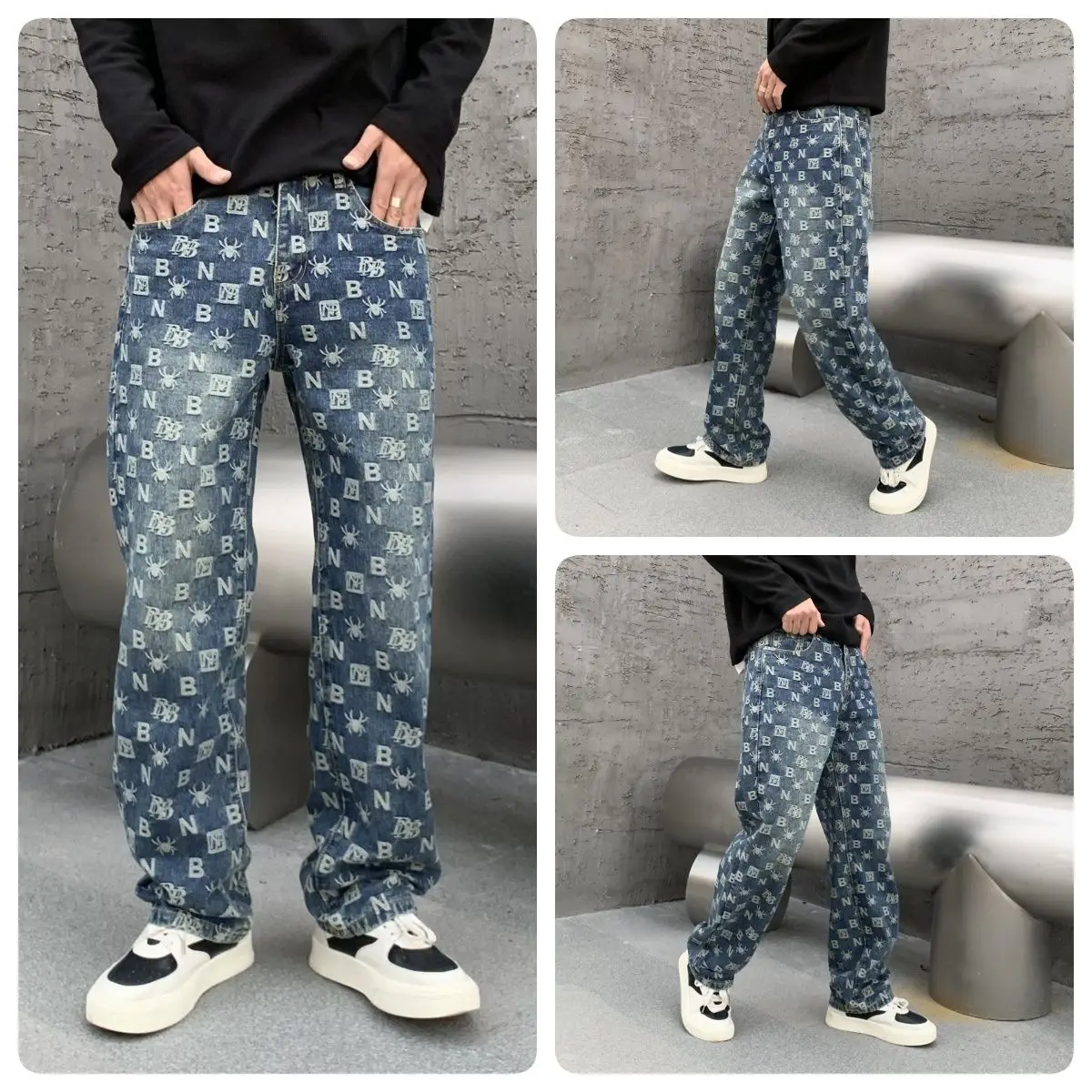 Men's Retro Blue Washed Letter Print Jeans Loose Straight Leg Pants in Stock for Casual and Streetwear