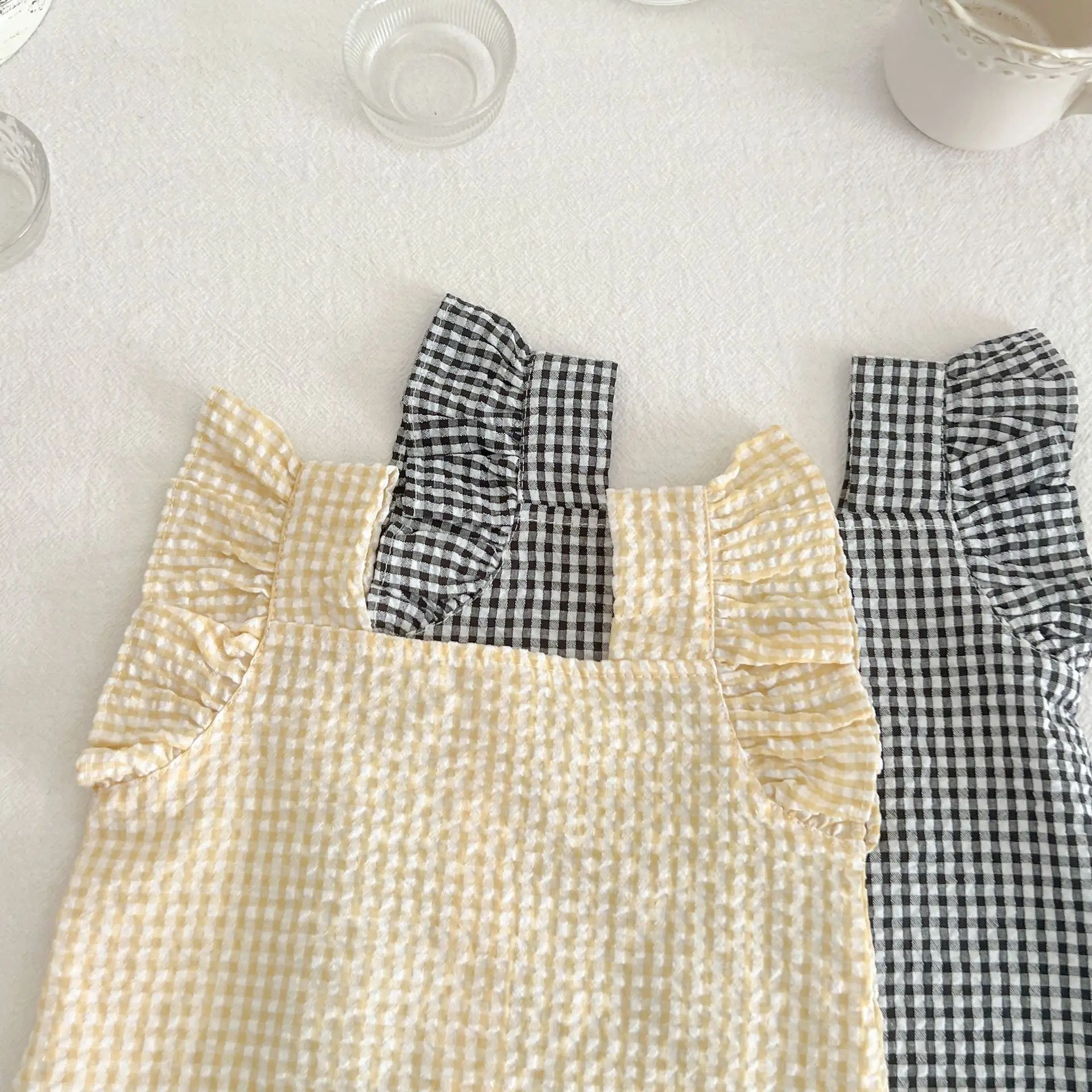 2psc Summer baby girls sleeveless vest shirt shorts two-piece baby plaid suit with wooden ears Kids Fashion Baby Clothing