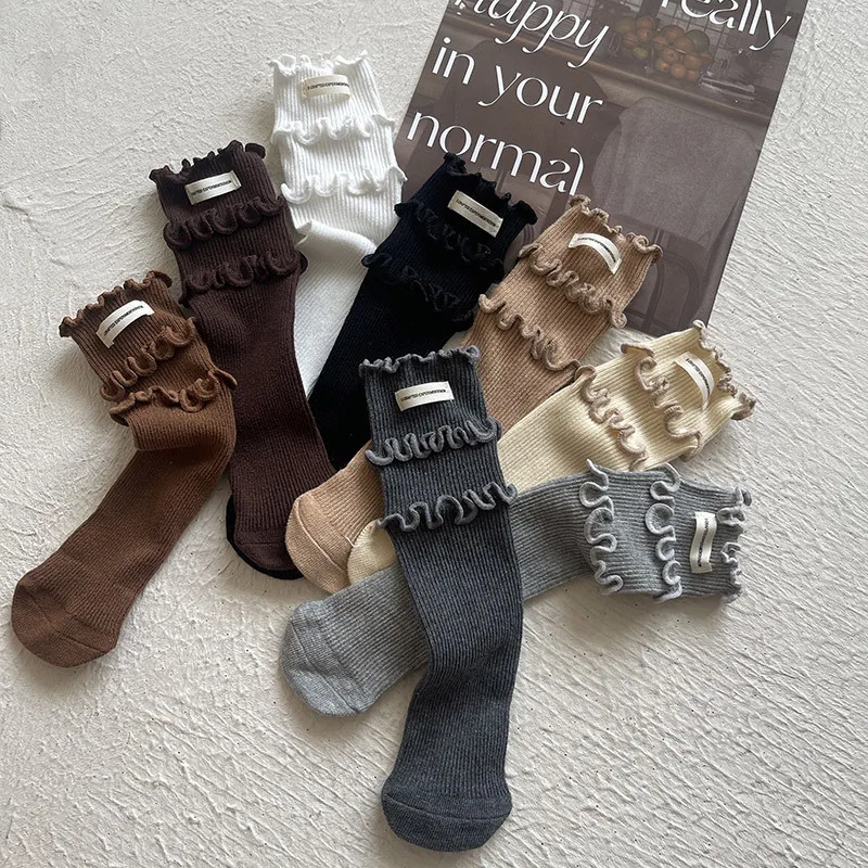 Autumn Winter Three-layer Fungus Lace Letter Labeling Girl's Socks Tube Pile Socks 4906 Buy 2pairs Wholesale Children Socks 2025