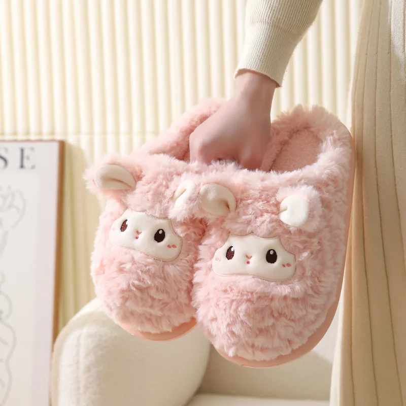 Ladies Indoor Furry Slippers Cartoon Animals Girls Warm Plush Home Slippers Soft Sole Non-slip Women Floor Shoes Flip Flops