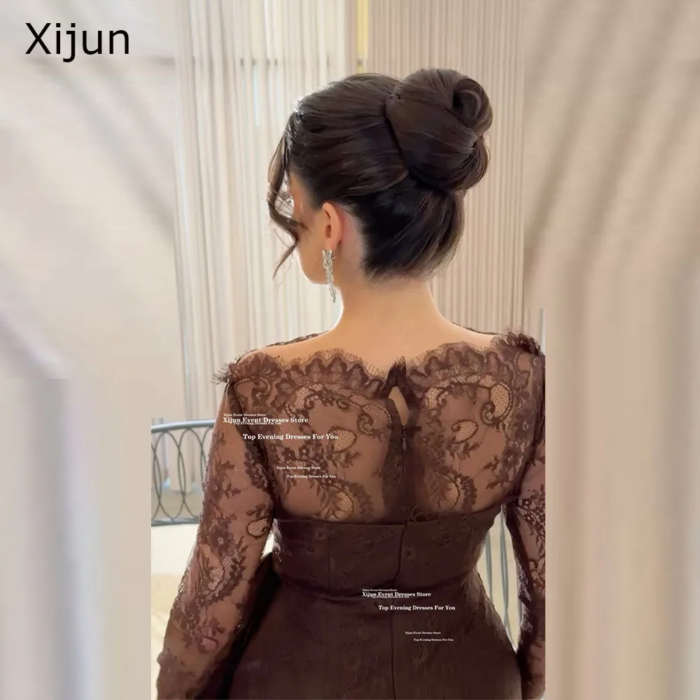 

Xijun Luxury Brown Lace Velvet Evening Dresses Pleated Formal Dubai Prom DResses Full Sleeves O-Neck Prom Gowns Women Customized