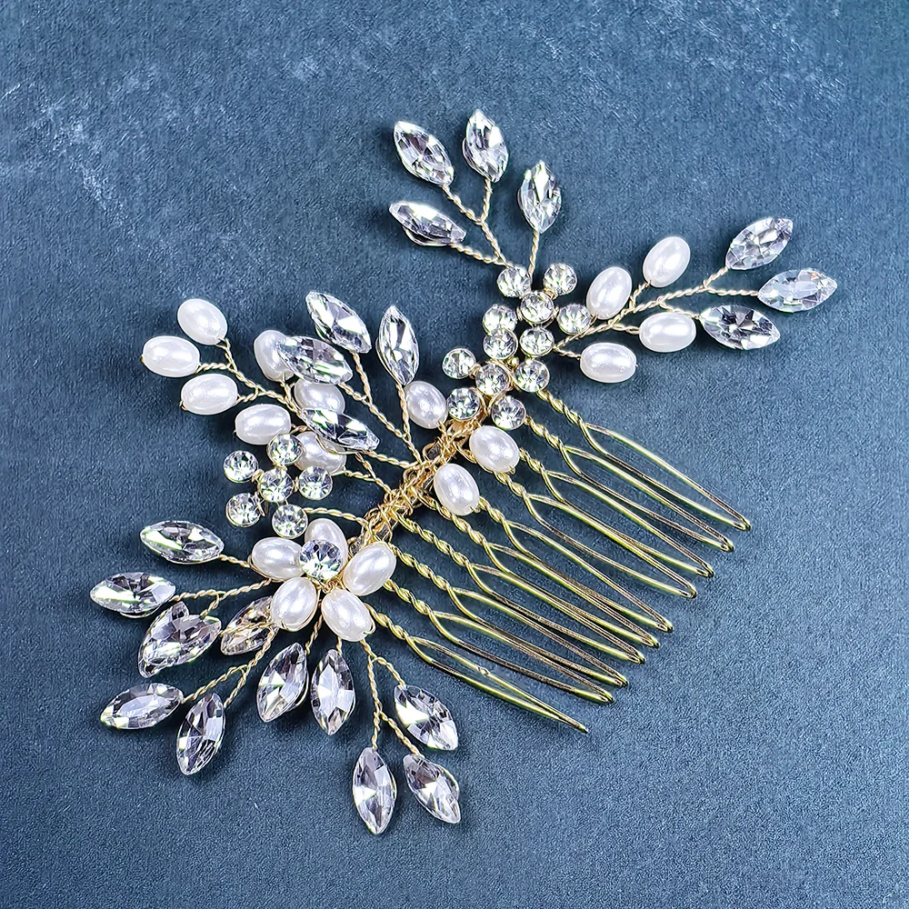 Peine de pelo de boda con perlas para mujer y niña, tocado nupcial con diamantes de imitación, adorno de pelo lateral, dorado