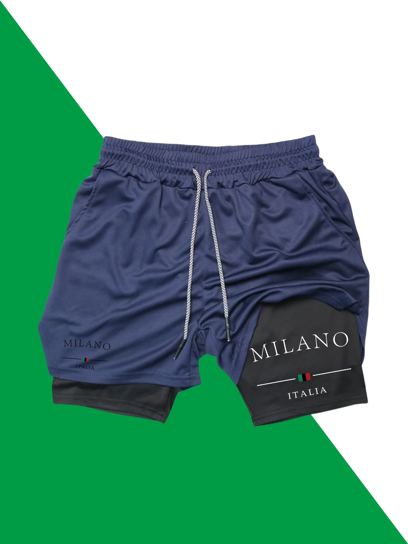 Pantaloncini sportivi da uomo 2 in 1 con stampa Milano Italia - Nero, doppio strato, cintura elastica, attrezzatura da allenamento per corsa e palestra