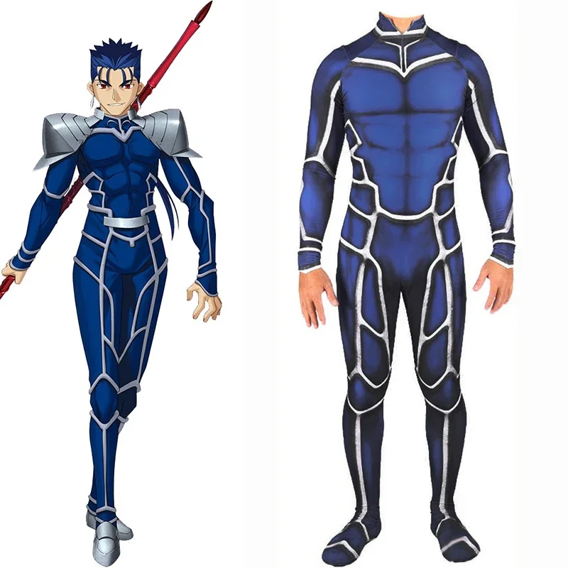 Anime Fate/Stay Night Lancer Cu Chulainn Jumpsuit Cosplay Costume Adults Unisex Fullbody Zentai Lycra Blue Tight Bodysuit