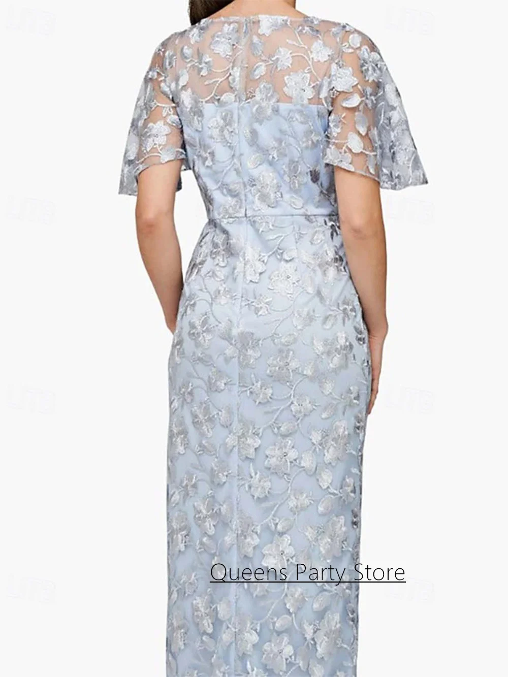 エレガントなレースの花嫁の母ドレス カスタマイズされた半袖 ラウンドネック サイドスリット フロアレングス シース ウェディングゲストドレス