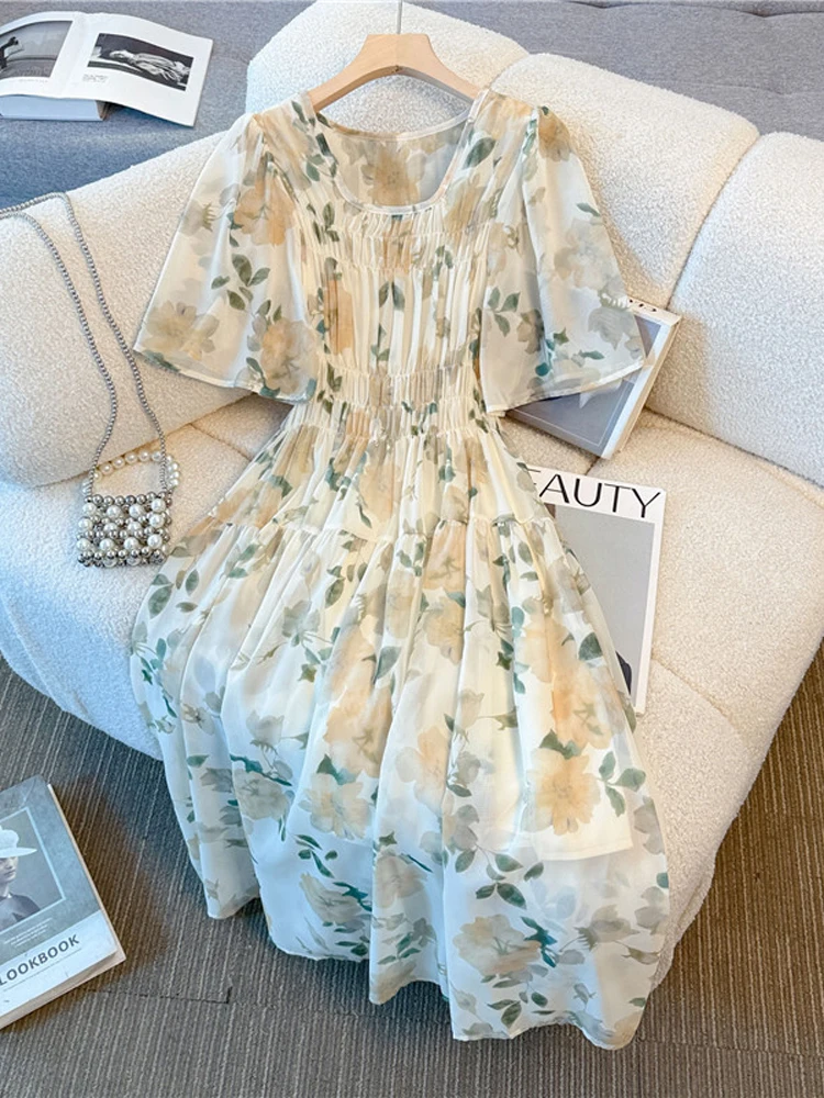 Summer 2025 plus Size Women's Dress Loose High Waist Print Long Dress Robe Elbise Big Flower Korean Style Dress for Fat MM