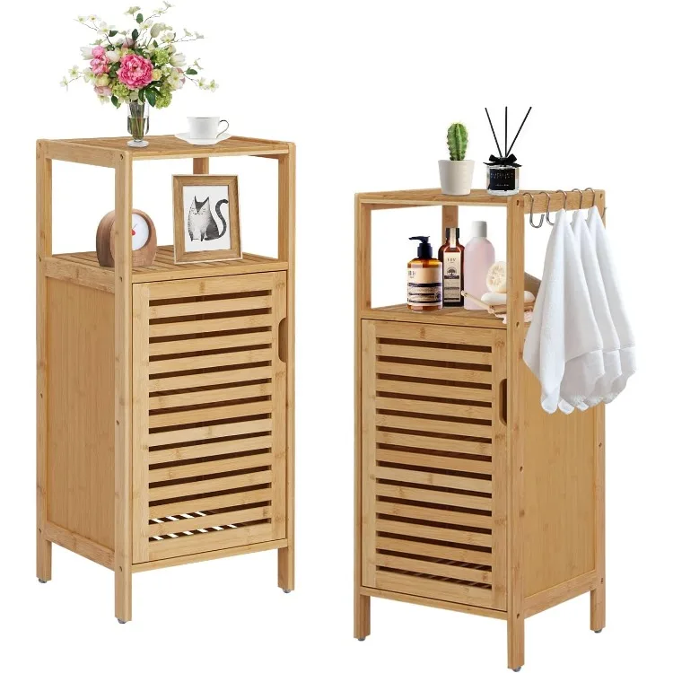 

Bamboo Bathroom Floor Cabinet Furniture Set of 2 - Free-Standing Storage Cabinet with Single Door and Shelf