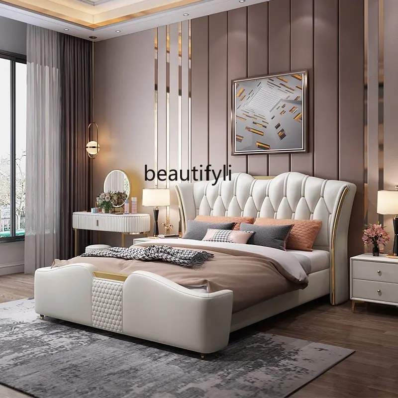 zqLeather Bed Master Bedroom Big Bed High Box Storage Bed Modern Double Leather Art Marriage Bed 1.8M Bedroom Bed